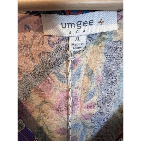 Umgee Mix Print Top Ruffled Short Sleeves XL Mango Mix V-Neck Boho Side Slits - Picture 7 of 9